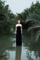Stretch Crepe Off-Shoulder Gown With Draped Neckline And Floor-Length Silhouette